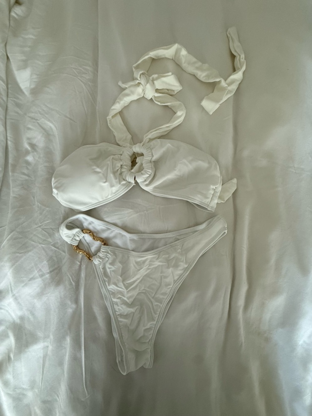 White Tie-Halter Bikini Set with Gold Accent